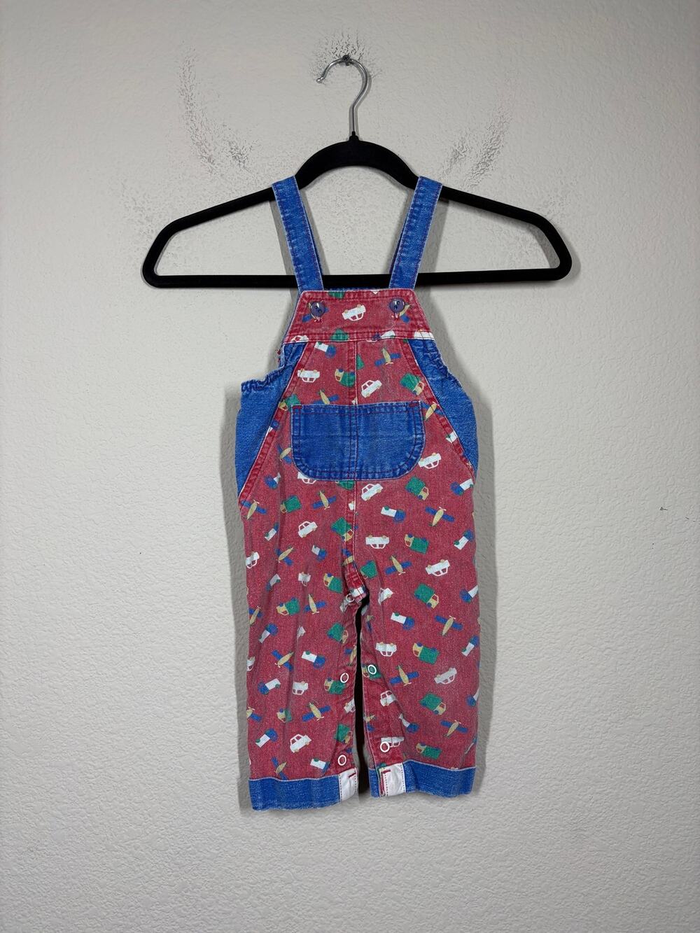 Health-Tex Kids 12 Months Denim Overalls Red Blue Vehicle Truck Plane Vintage